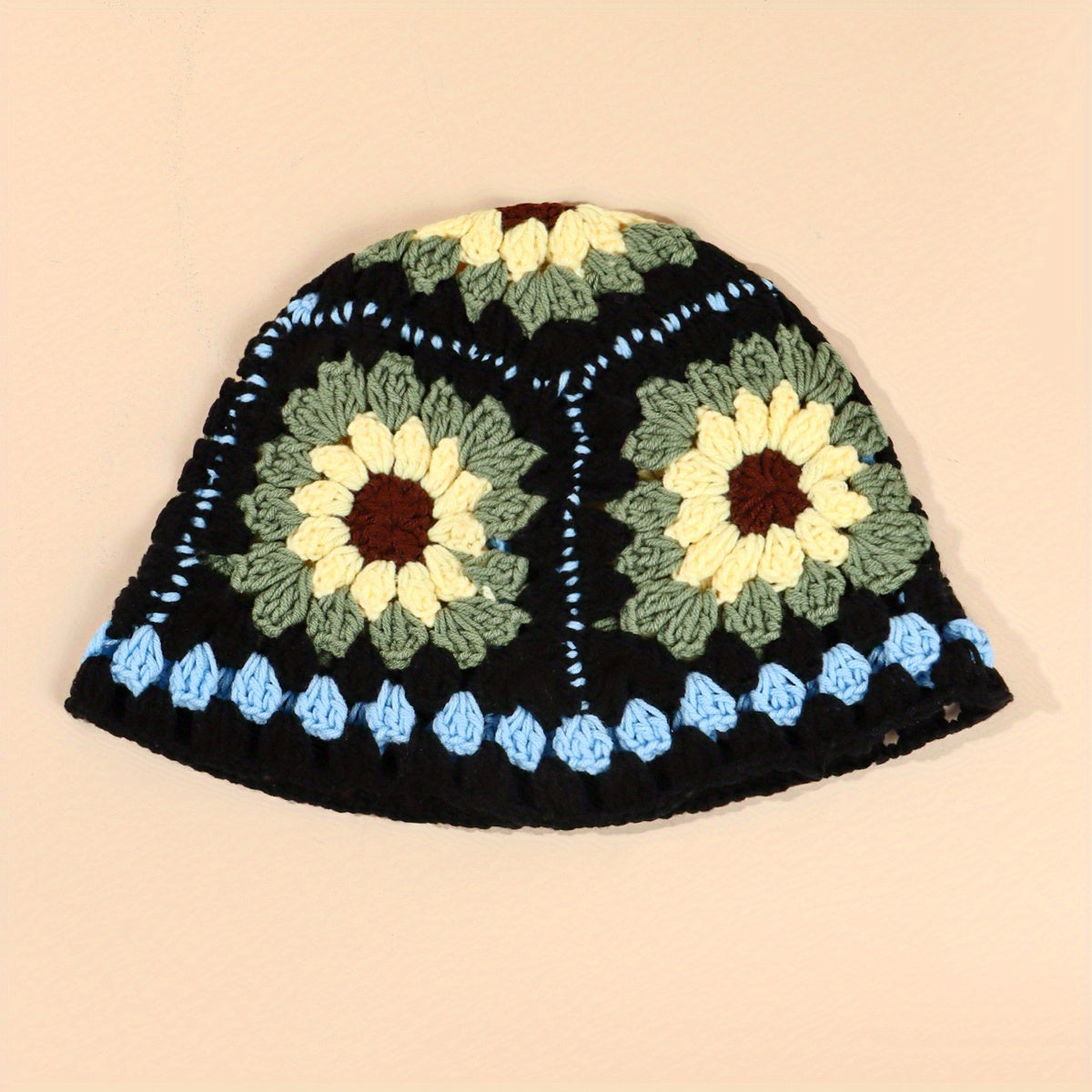 Vintage Flower Crochet Bucket Hat Hollow Out Knit Hat Y2K Beanie Fisherman Cap