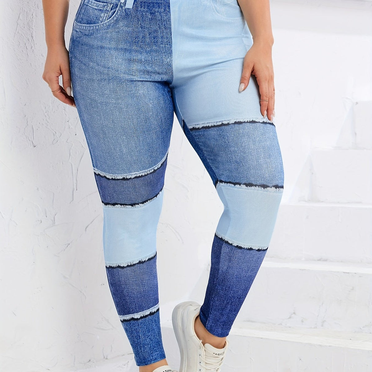  Denim Print Colorblock High Stretch Leggings Women's Plus