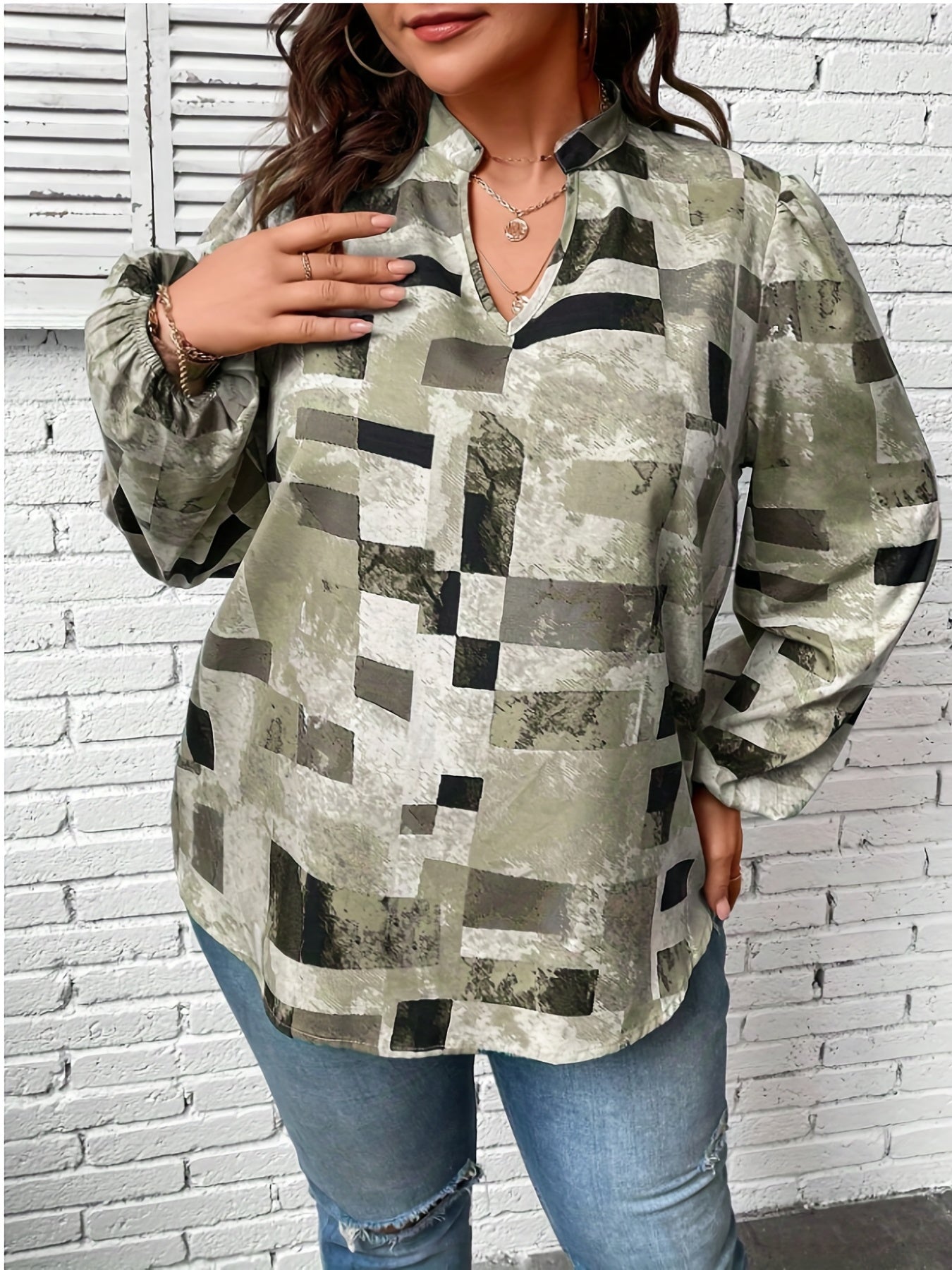  Geo Print Lantern Sleeve Notched Neck Blouse
