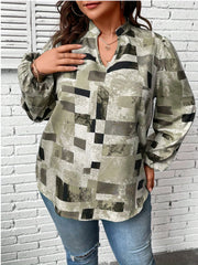  Geo Print Lantern Sleeve Notched Neck Blouse