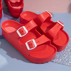 Women's Platform Footbed Sandals Double Buckle Slides Thick Bottom Slippers