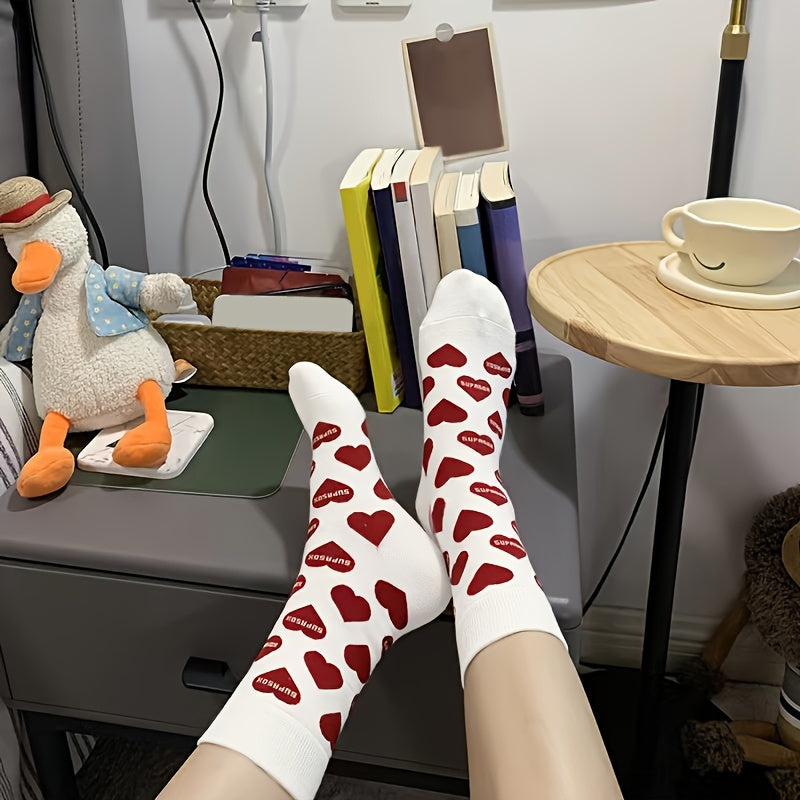 4 Pairs Heart Print Socks For Women Mid Tube Stockings Hosiery
