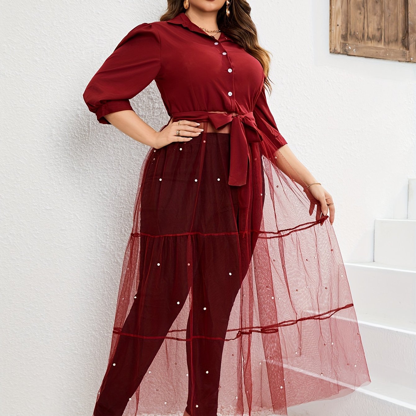  Bubble Sleeve Mesh Dress with Faux Pearl Buttons