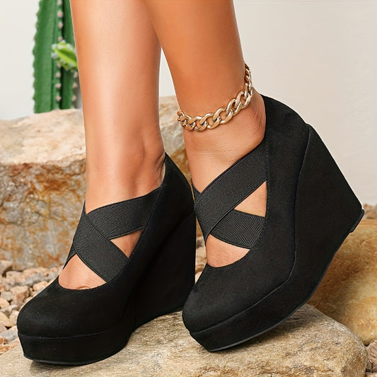 Women's Wedge Heels Round Toe Elastic Cross Strap Slip On High Heels