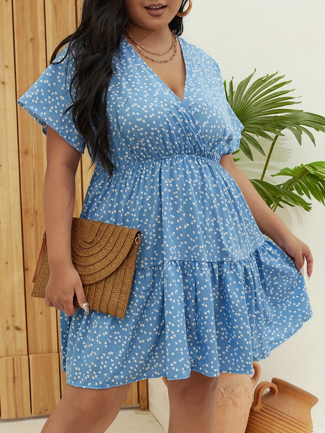  Heart Print Ruffle Sleeve V Neck Dress