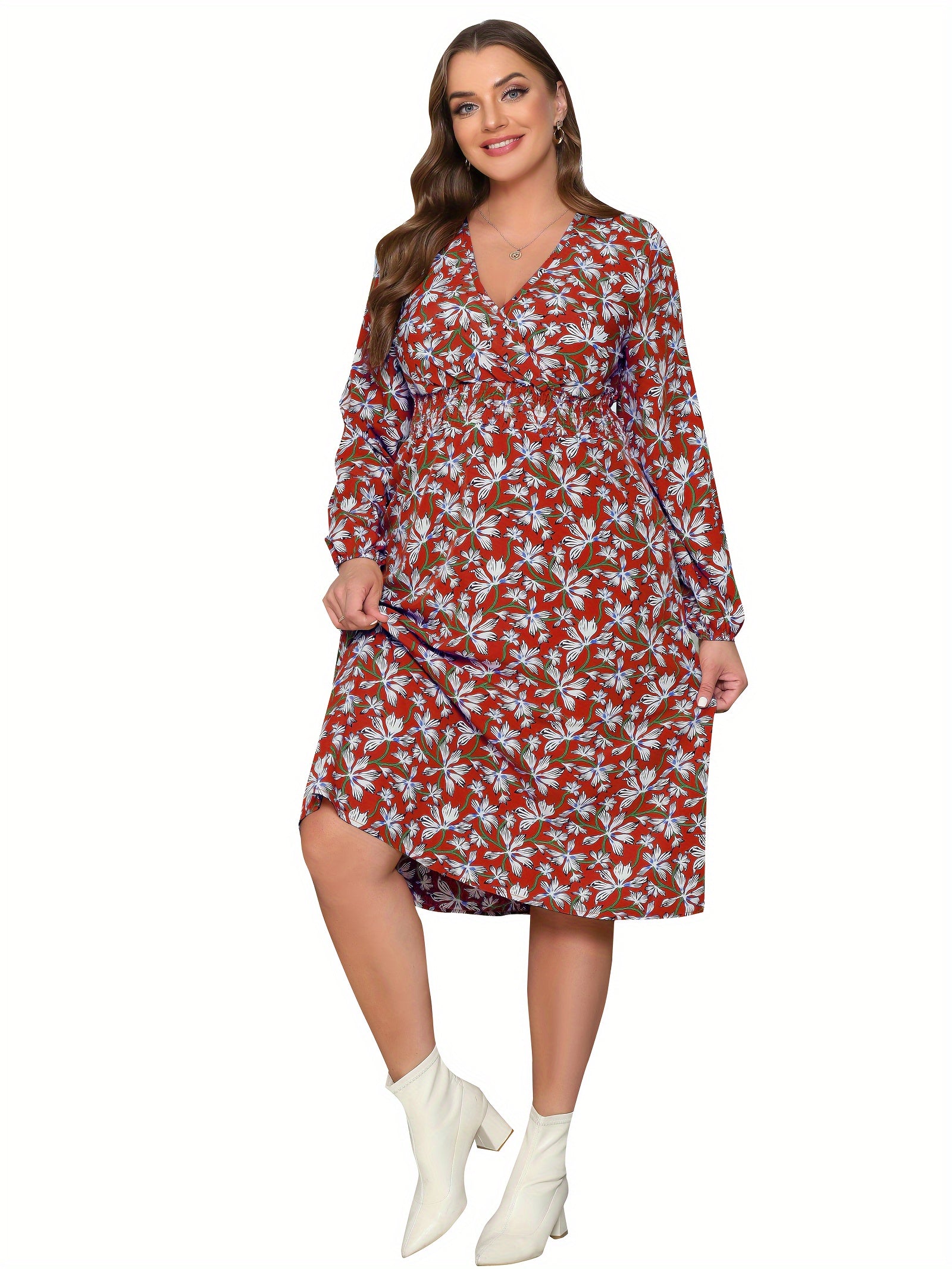  Floral Print Surplice Neck Midi Dress
