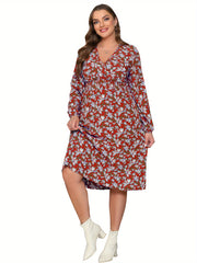  Floral Print Surplice Neck Midi Dress