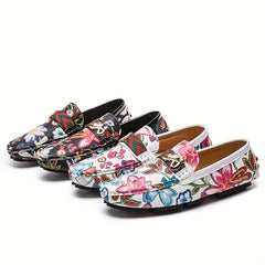 Floral Print Loafers Soft Sole Slip On Shoes Comfy Flat Shoes