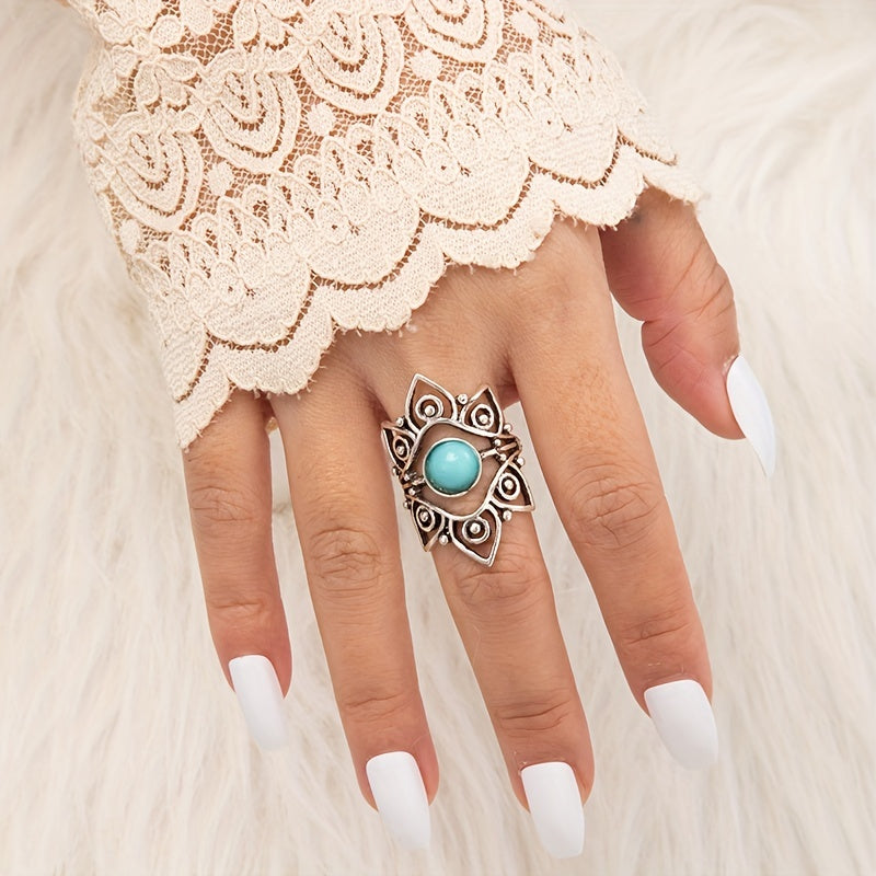 Geometric Turquoise Single Ring Vintage Carved Hollow Ring