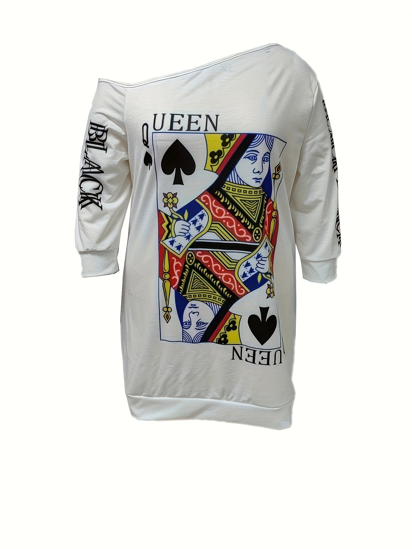  Casual Dress Women's Plus Letter & Poker Print Long Sleeve Dress