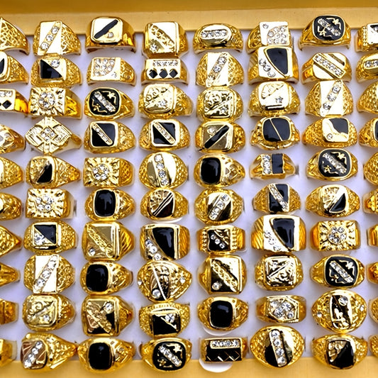 Vintage Classic Golden Crystal Metal Ring Wide Wedding Party Men Jewelry