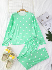 Polka Dots Pajama Set Long Sleeve Round Neck Top And Pants