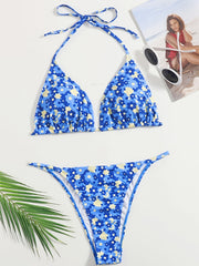  Ditsy Floral Halter Neck Bikini Set Women's High Stretch Swimsuit