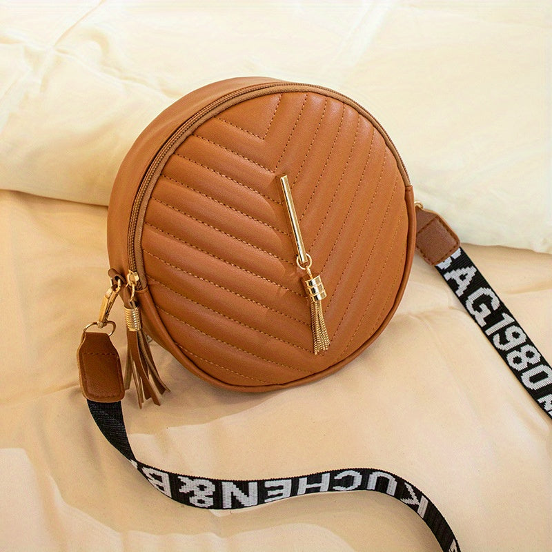 Chevron Quilted Round Bag Tassel Crossbody Bag Women's Small Circle Purse