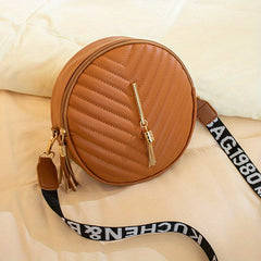 Chevron Quilted Round Bag Tassel Crossbody Bag Women's Small Circle Purse