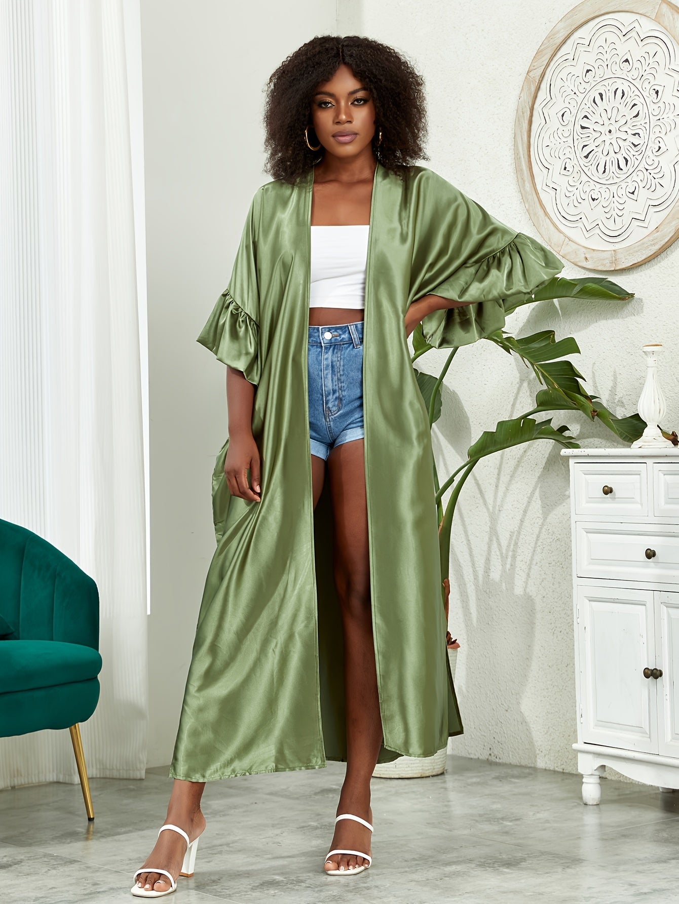  Satin Ruffle Trim Kimono Cover Up