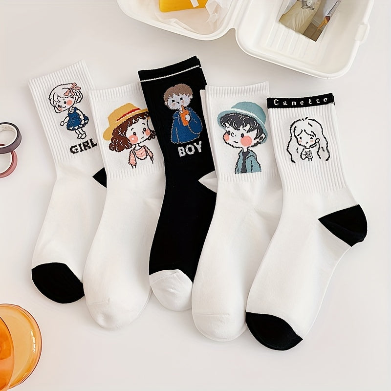 5 Pairs Cartoon Print Socks Women's Stockings Comfy & Mid Tube Hosiery