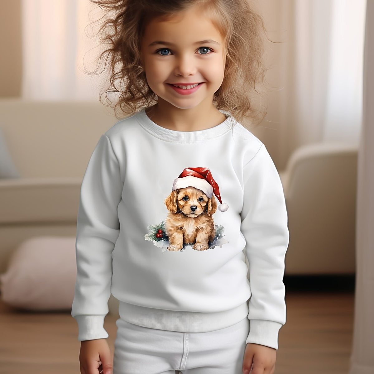 Christmas Dog Print Girls Casual Pullover Sweatshirt Long Sleeve Crew Neck Tops