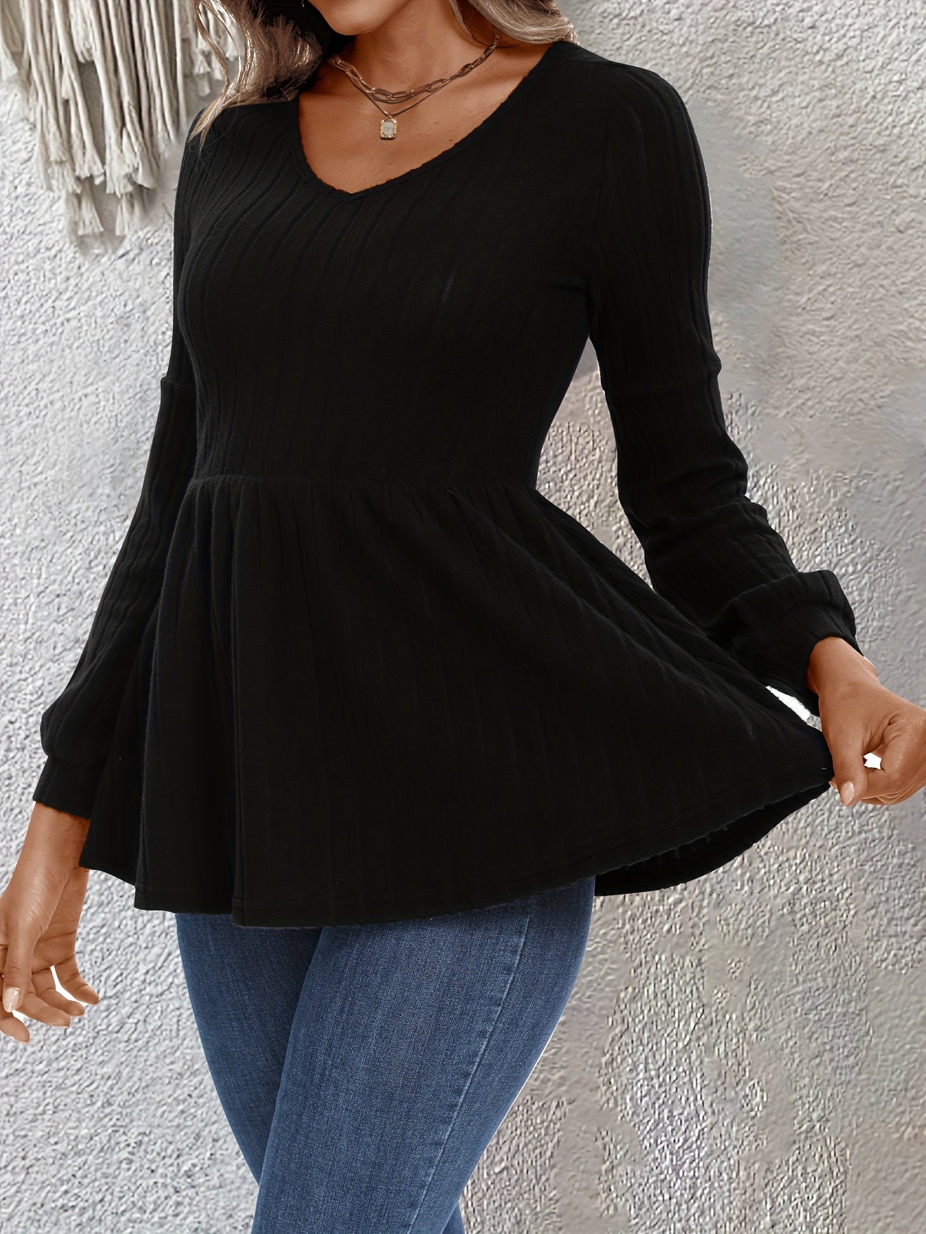  Solid Long Sleeve V Neck Knit Top Medium Stretch Sweater