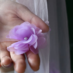Purple Bridal Veil with 3D Floral Embellishments Short Soft Nylon Fabric