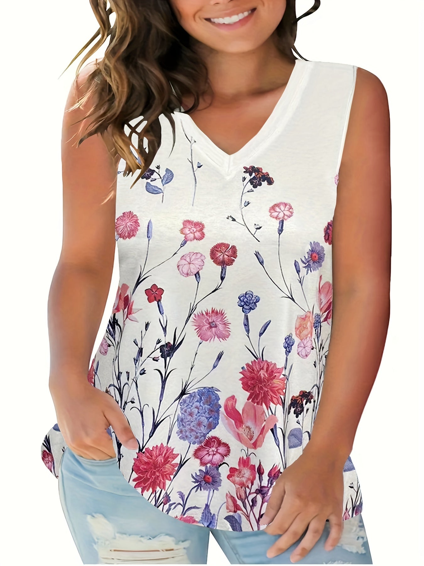  Floral Print V Neck Tank Top