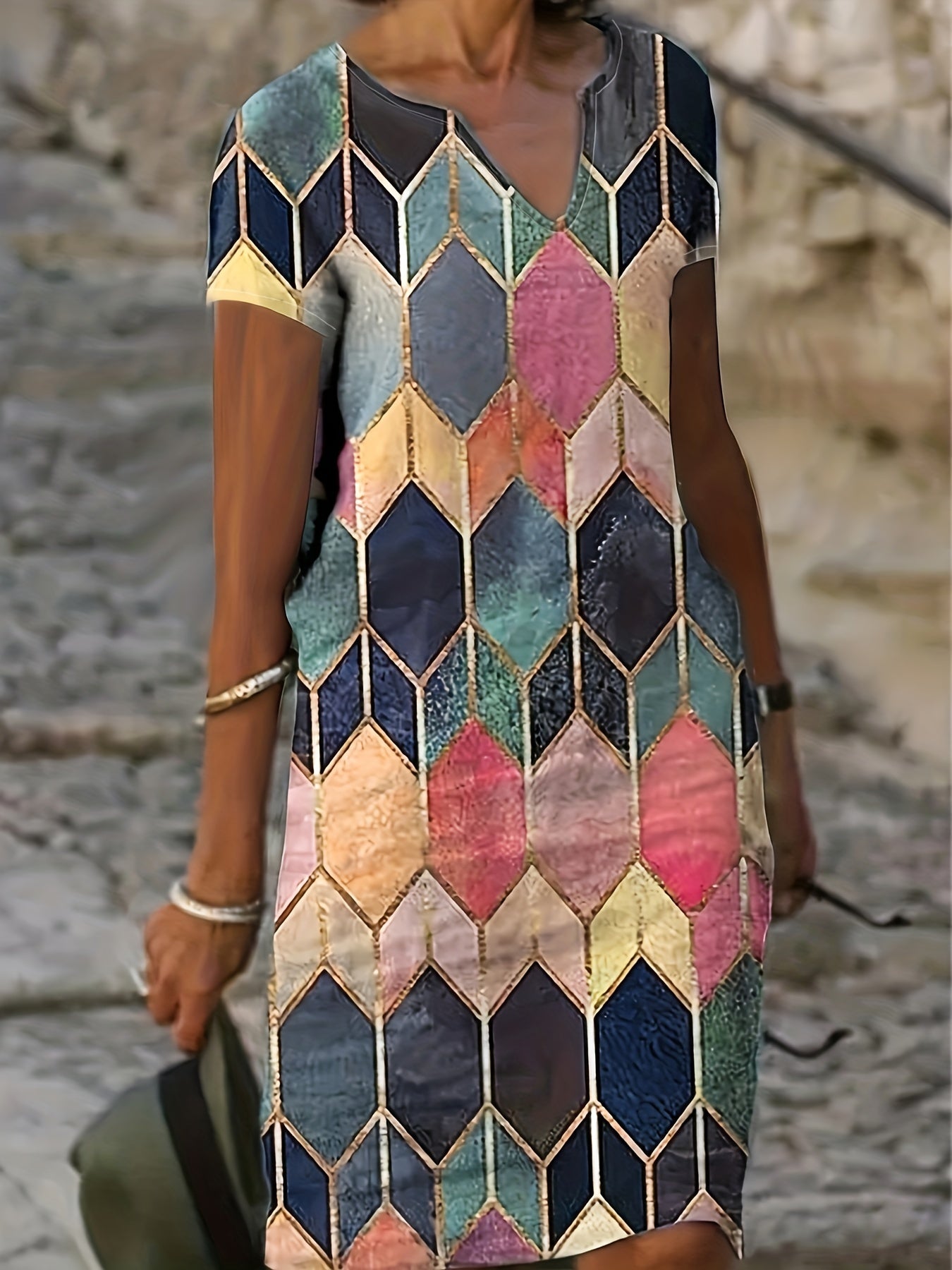  Geometric Print Short Sleeve Notched Neck Dress