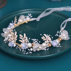 Pearl Floral Headband Golden Leaf Tiara Headgear