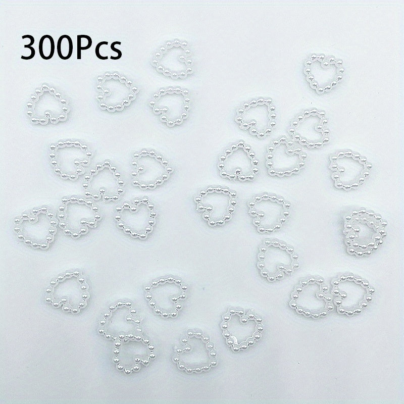 300Pcs Colorful Hollow Pearly Heart Pearl Nail Charm Acrylic Heart Decoration