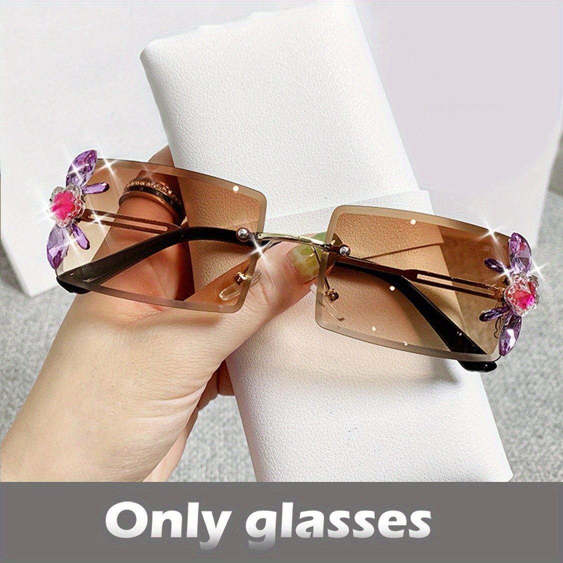 Rimless Sunglasses Rhinestone Flower Gradient Metal Glasses UV400