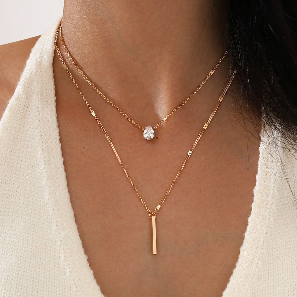Double Layer Water Drop Shape Rhinestone Tassel Necklace Set