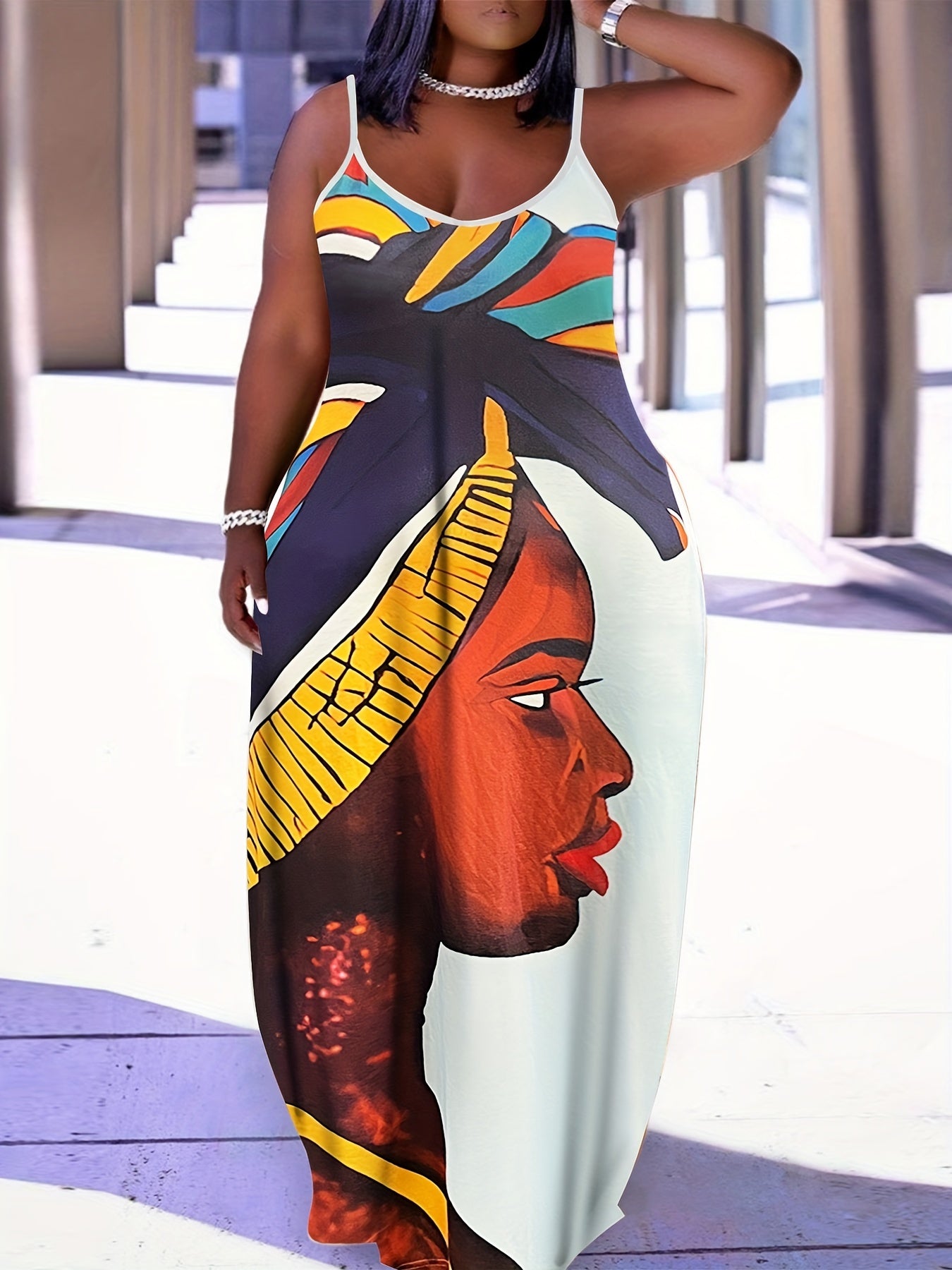  Colorblock Figure Print Maxi Cami Dress