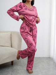 Letter & Heart Print Pajama Set Crew Neck Top & Elastic Waistband