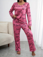 Letter & Heart Print Pajama Set Crew Neck Top & Elastic Waistband
