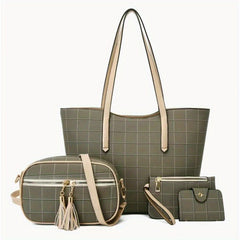 4Pcs Grid Pattern Tote Bag Set with Tassel Crossbody Bag
