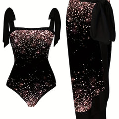  Tie Shoulder One Piece Swimsuit & Skirt Tankini Set