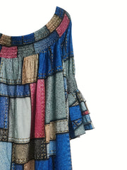  Denim Print Off Shoulder Dress