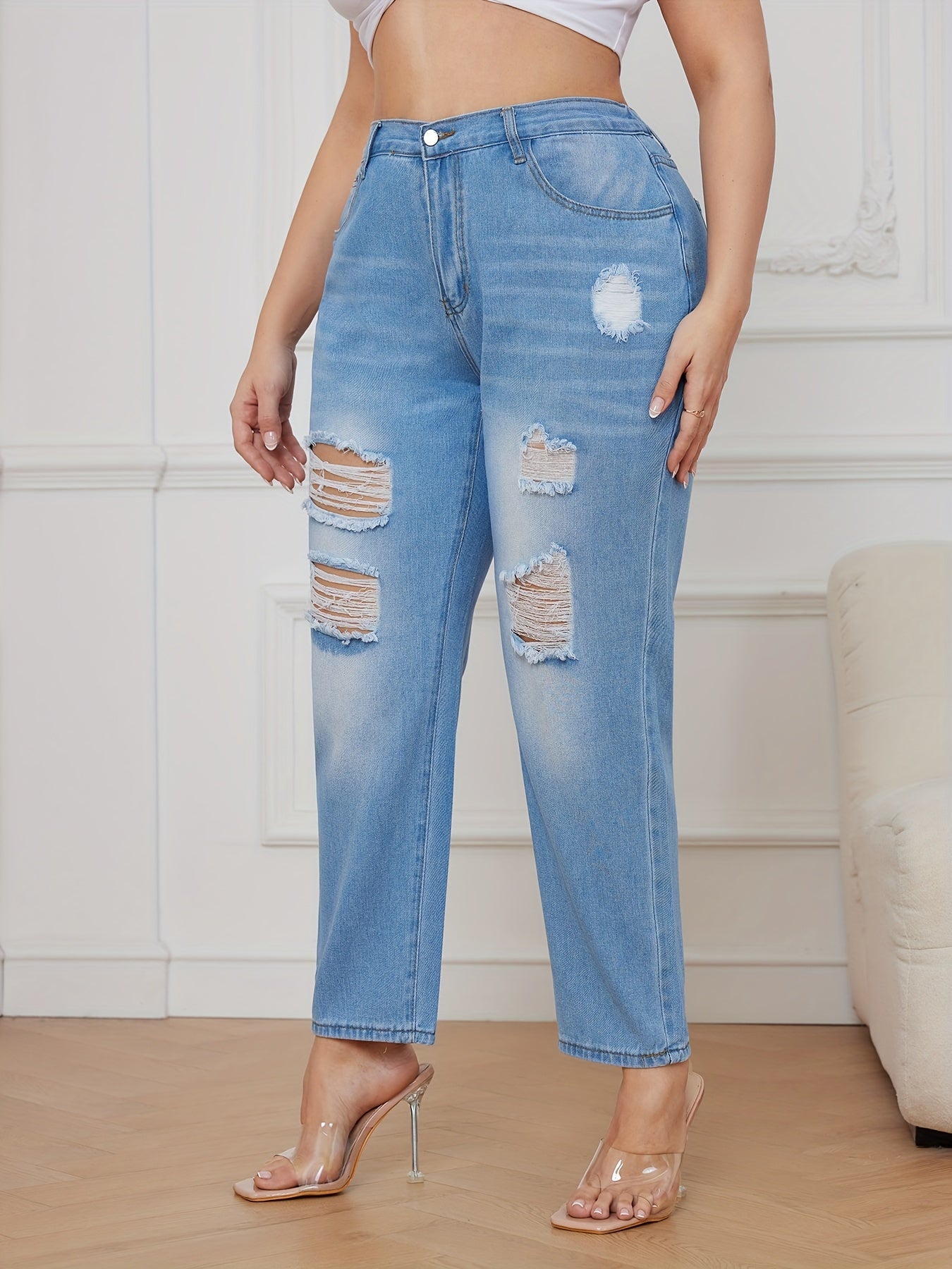  Ripped Button Fly High Waisted Washed Jeans
