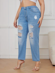  Ripped Button Fly High Waisted Washed Jeans