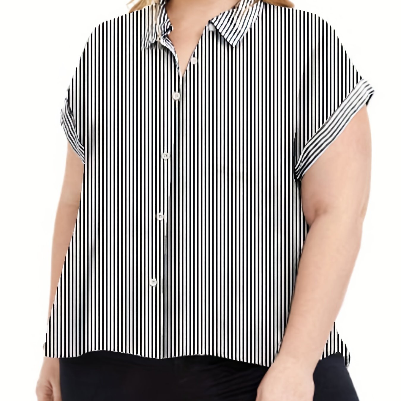  Women's Stripe Print Short Sleeve Button Up Blouse