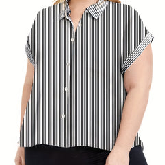  Women's Stripe Print Short Sleeve Button Up Blouse