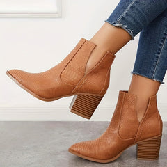 Women's Snakeskin Ankle Boots V cut Stacked Heels