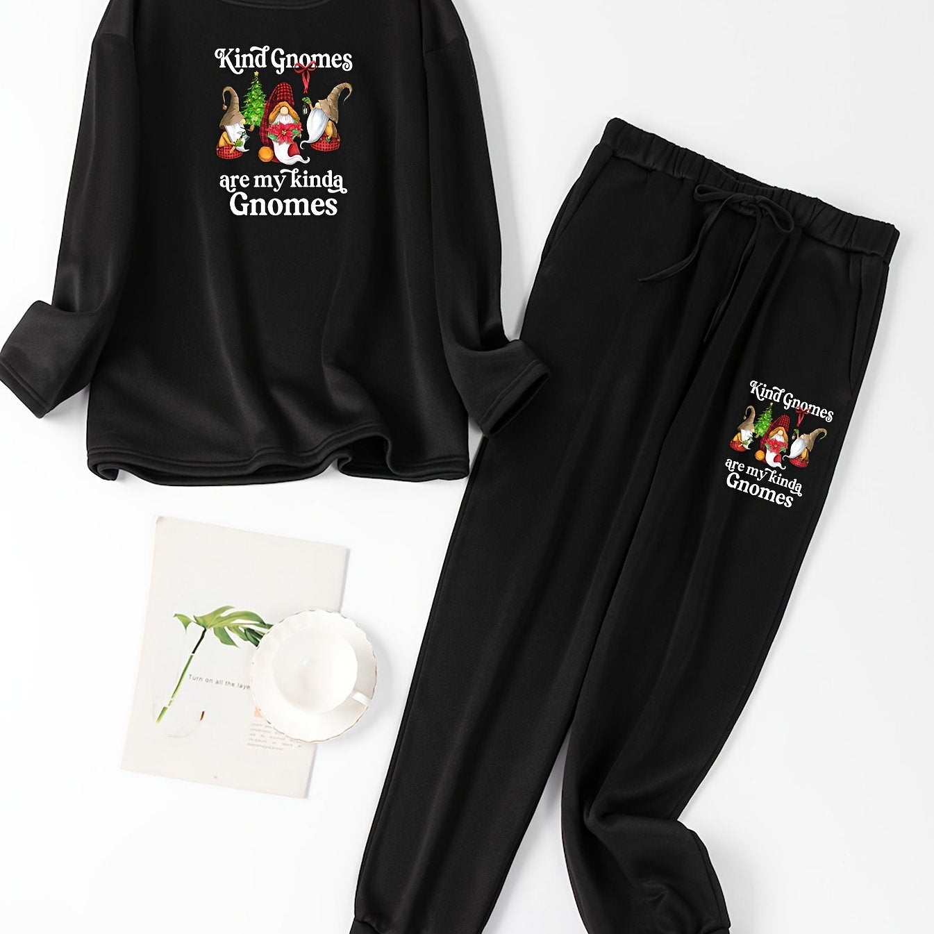  Christmas Lounge Set Gnome & Letter Print Tee & Joggers Pajamas