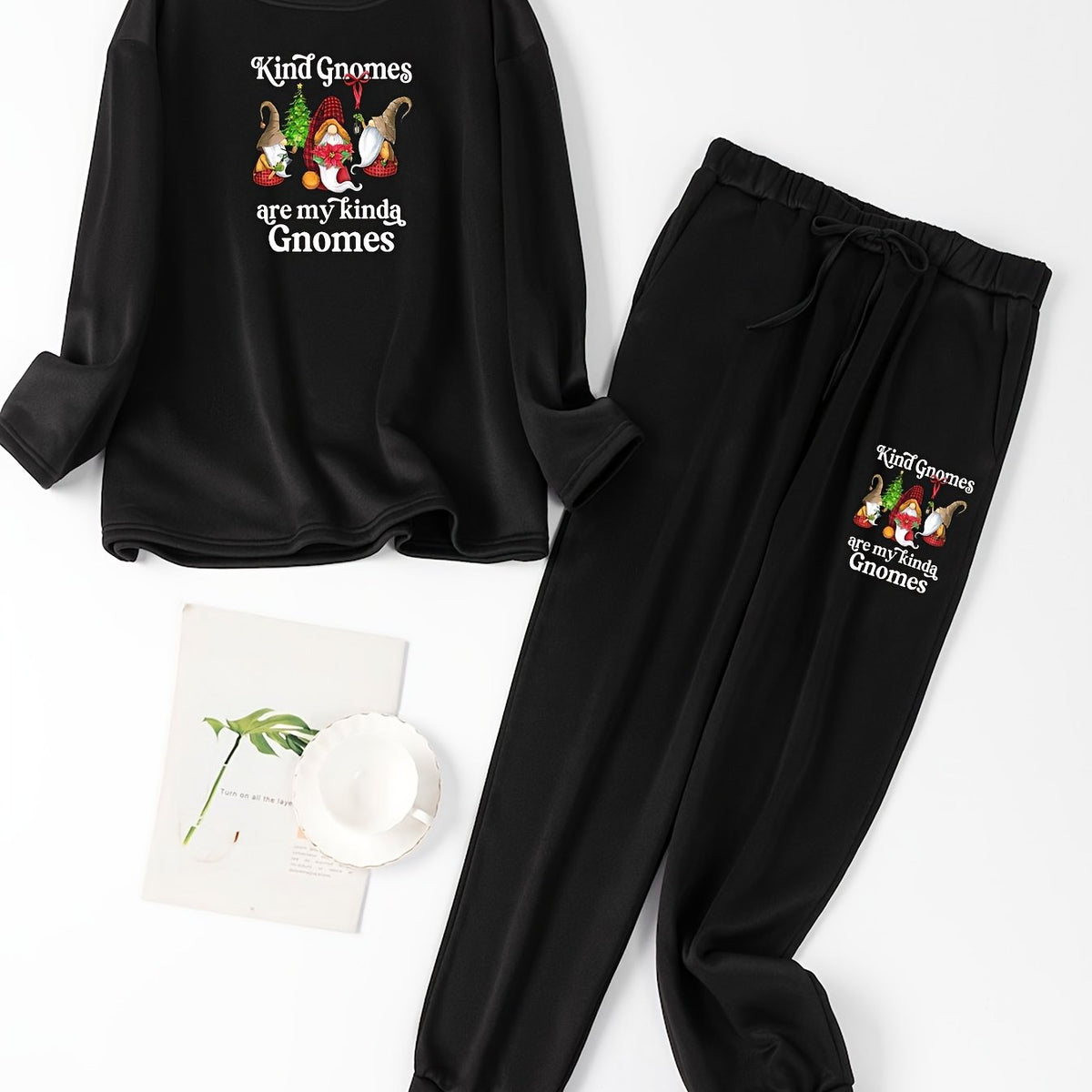  Christmas Lounge Set Gnome & Letter Print Tee & Joggers Pajamas