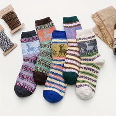 Elk Print Striped Socks Comfy & Warm Mid Tube Women's Stockings