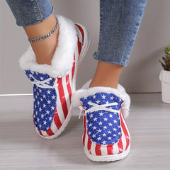 Women's Plush Lined Snow Boots Star Print & Striped Low Top Canvas Shoes