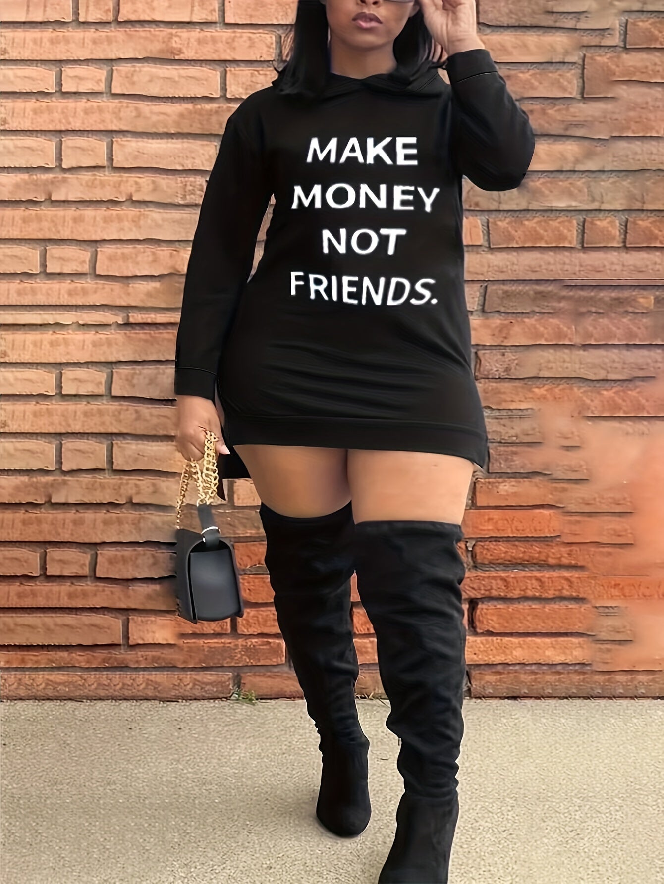  Slogan Print Hooded Long Sleeve Sweatshirt Dress