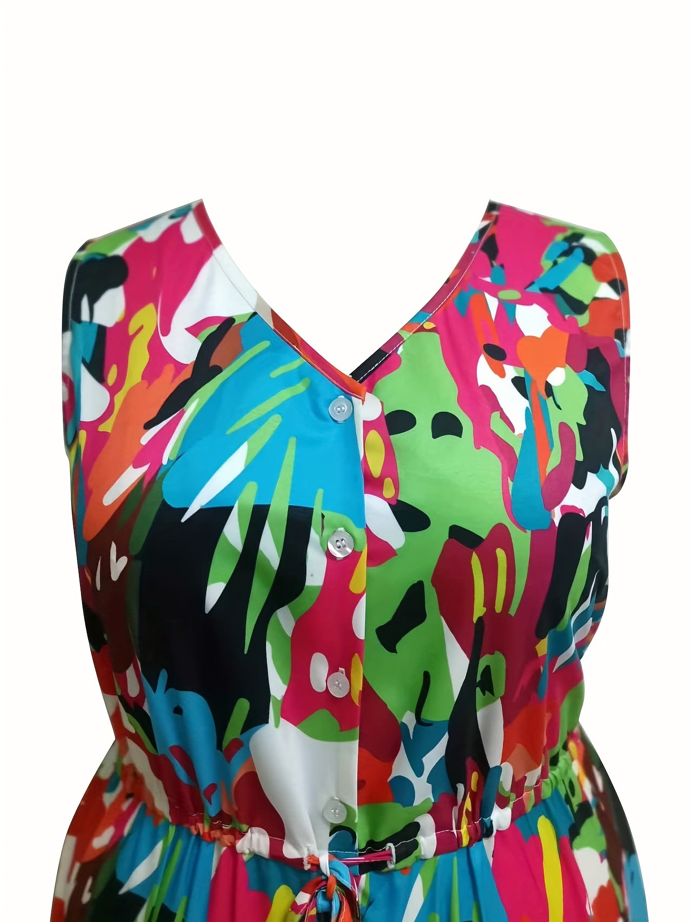 Plus Size Casual Tank Jumpsuit Allover Print V Neck Drawstring Tapered Leg