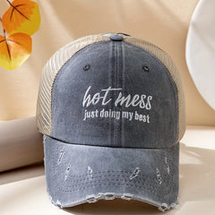 Hot Mess Embroidered Baseball Cap Washed Hole Ponytail Cap