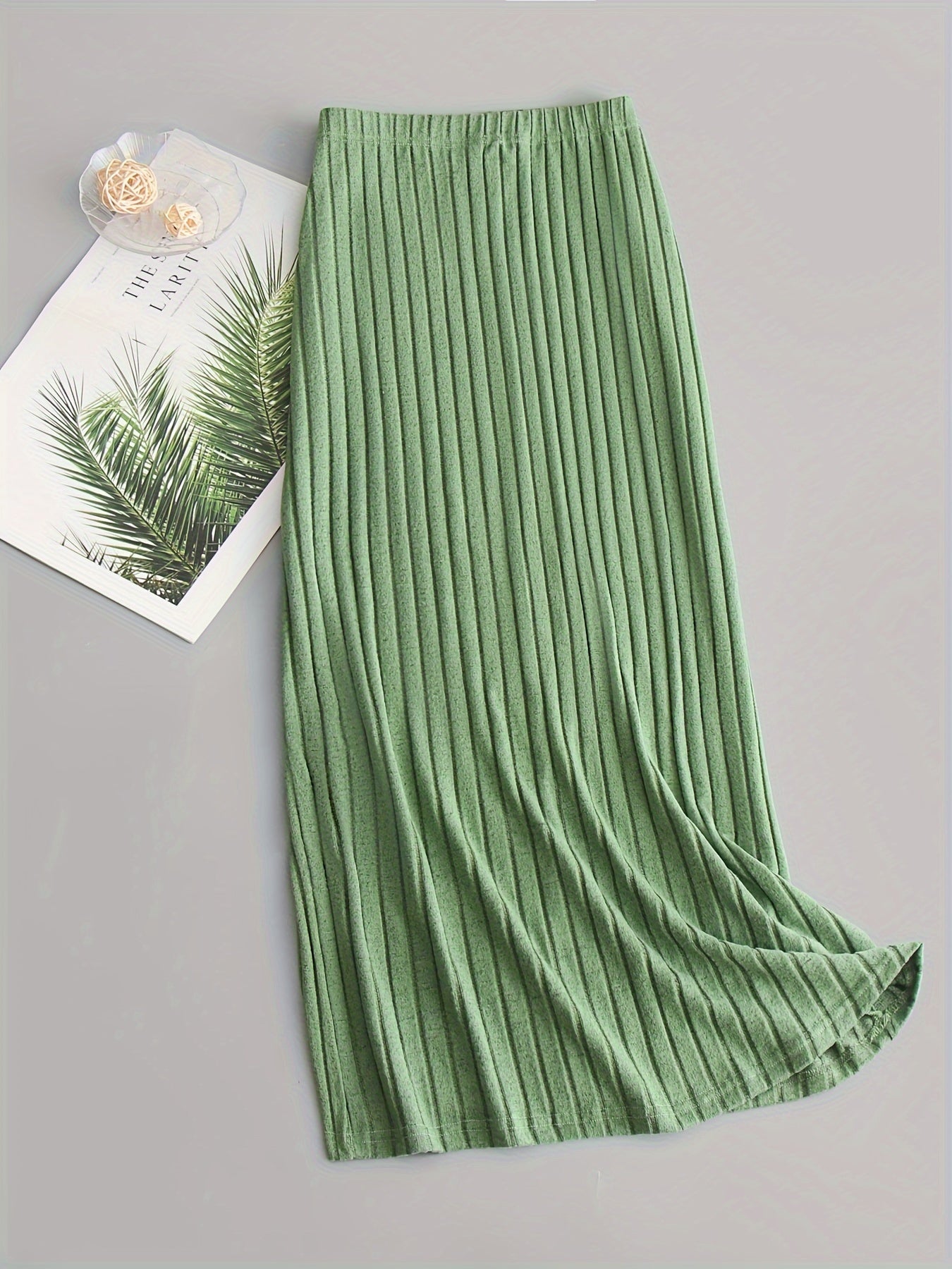  Solid Ribbed Knit Elastic Waisted Stretch Skirt