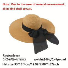 Big Bowknot Sun Hat Solid UV Protection Vintage Straw Beach Hats For Women